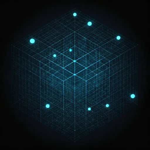 Digital art representing autonomous software agents as interconnected luminous nodes in a complex three-dimensional lattice