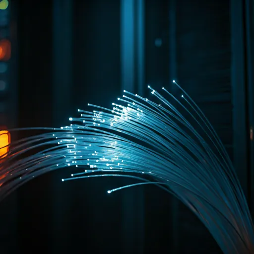 Abstract cinematic visual of glowing fiber optic cables representing high-speed data flow in a dark server room
